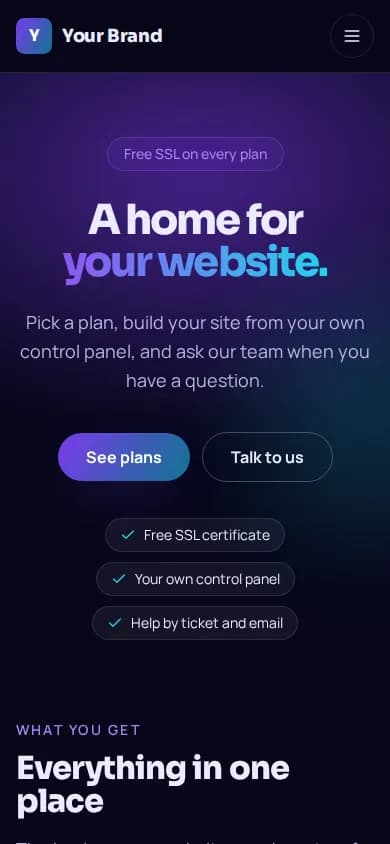A brand's home page in the Modern design on a phone, with sample data.